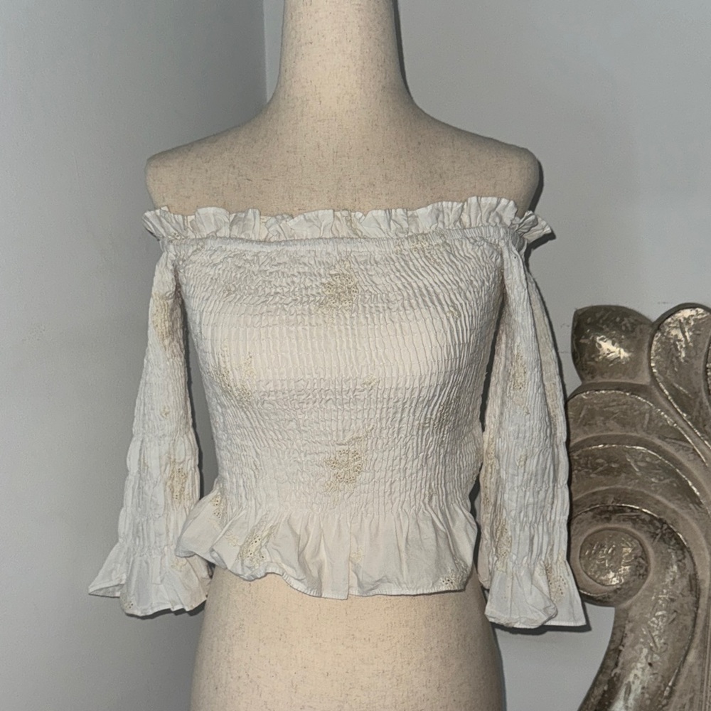 White Off-Shoulder Smocked Top